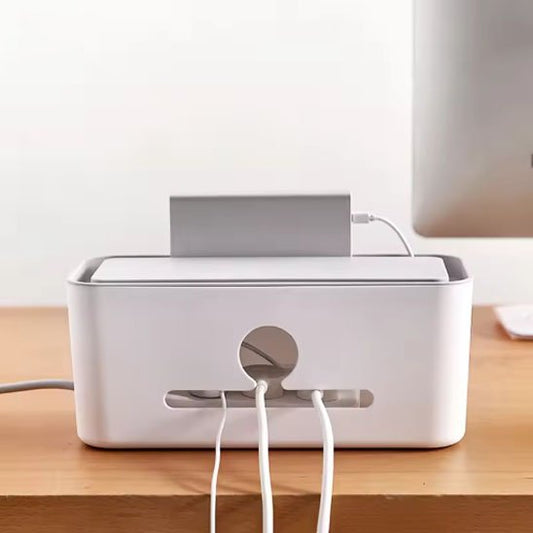 passe câble pour bureau avec boîtier de rangement et sorties pour câbles